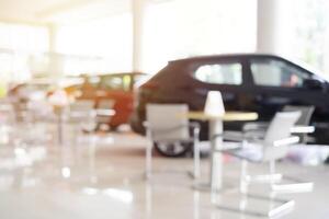 Blurred background of new cars displayed in luxury showroom with light bokeh in motor show event photo