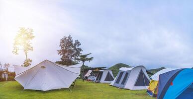 Camping and tent under the pine forest near the lake with beautiful sunlight in the morning photo