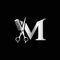This luxurious and elegant initial M scissors logo is designed for barbershops and salons, retaining its beauty even when scaled down or used in black and white. vector