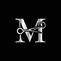 This luxurious and elegant initial M scissors logo is designed for barbershops and salons, retaining its beauty even when scaled down or used in black and white. vector