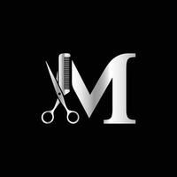 This luxurious and elegant initial M scissors logo is designed for barbershops and salons, retaining its beauty even when scaled down or used in black and white. vector