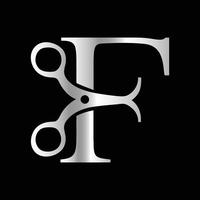 Logo can use for company related Barbershop and Salon. F Scissors vector