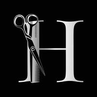 This luxurious and elegant initial H scissors logo is designed for barbershops and salons, retaining its beauty even when scaled down or used in black and white. vector