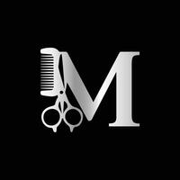 This luxurious and elegant initial M scissors logo is designed for barbershops and salons, retaining its beauty even when scaled down or used in black and white. vector
