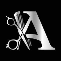 This luxurious and elegant initial A scissors logo is designed for barbershops and salons, retaining its beauty even when scaled down or used in black and white. vector