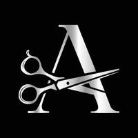 This luxurious and elegant initial A scissors logo is designed for barbershops and salons, retaining its beauty even when scaled down or used in black and white. vector