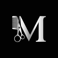 This luxurious and elegant initial M scissors logo is designed for barbershops and salons, retaining its beauty even when scaled down or used in black and white. vector