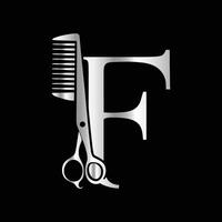 Logo can use for company related Barbershop and Salon. F Scissors vector