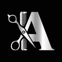 This luxurious and elegant initial A scissors logo is designed for barbershops and salons, retaining its beauty even when scaled down or used in black and white. vector