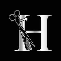 This luxurious and elegant initial H scissors logo is designed for barbershops and salons, retaining its beauty even when scaled down or used in black and white. vector