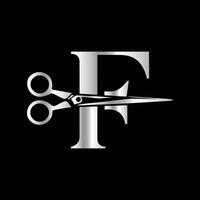 Logo can use for company related Barbershop and Salon. F Scissors vector