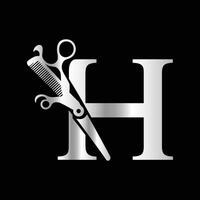 This luxurious and elegant initial H scissors logo is designed for barbershops and salons, retaining its beauty even when scaled down or used in black and white. vector