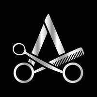 This luxurious and elegant initial A scissors logo is designed for barbershops and salons, retaining its beauty even when scaled down or used in black and white. vector