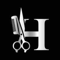 This luxurious and elegant initial H scissors logo is designed for barbershops and salons, retaining its beauty even when scaled down or used in black and white. vector