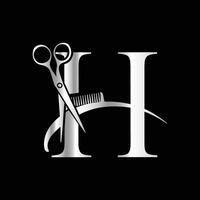 This luxurious and elegant initial H scissors logo is designed for barbershops and salons, retaining its beauty even when scaled down or used in black and white. vector