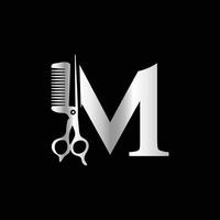This luxurious and elegant initial M scissors logo is designed for barbershops and salons, retaining its beauty even when scaled down or used in black and white. vector