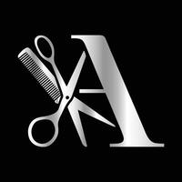This luxurious and elegant initial A scissors logo is designed for barbershops and salons, retaining its beauty even when scaled down or used in black and white. vector