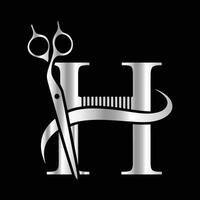 This luxurious and elegant initial H scissors logo is designed for barbershops and salons, retaining its beauty even when scaled down or used in black and white. vector