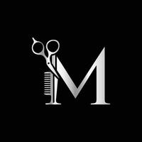 This luxurious and elegant initial M scissors logo is designed for barbershops and salons, retaining its beauty even when scaled down or used in black and white. vector