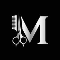 This luxurious and elegant initial M scissors logo is designed for barbershops and salons, retaining its beauty even when scaled down or used in black and white. vector
