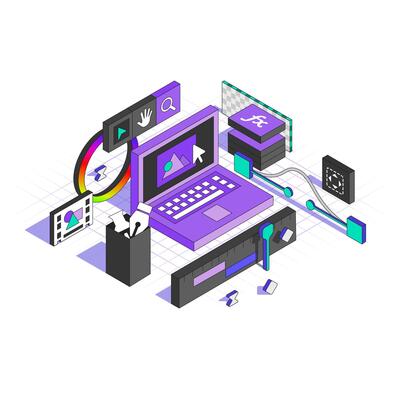 Minimal Interface of the Program for Motion Designers in Isometric style. Axonometric Illustration