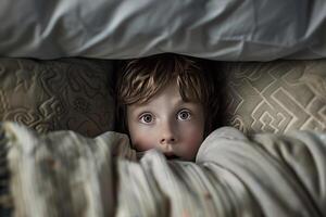 Young boy hiding in fear under the covers in his bed photo