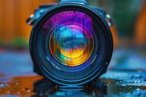 Camera lens reflecting colorful lights and covered with water droplets photo