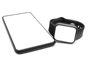 Modern internet smart watch and smartphone on white isolated background photo