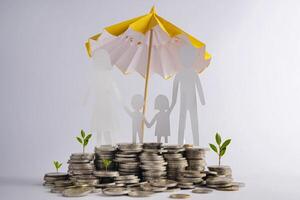Stack of coins with family with protective umbrella on dark background, business idea and savings insurance concept. photo