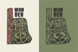 Vintage illustration of a backpack resting on a wooden trunk. A trip-themed design is suitable for printable products. vector