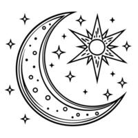 a black and white drawing of a crescent and star vector