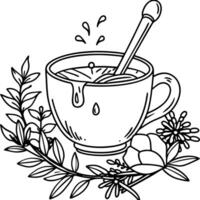 a cup of tea with flowers and leaves coloring page vector