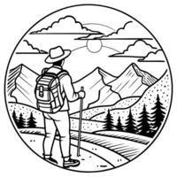a man with a backpack and hiking poles is standing in front of a mountain vector