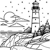 lighthouse coloring page with trees and stars vector
