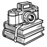 a camera and books on a white background vector