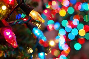 String of christmas lights hanging on a christmas tree creating colorful bokeh photo