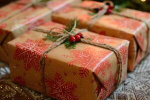 Christmas presents wrapped in brown paper and tied with string sitting on a table photo