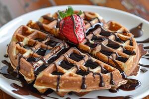 delicioso gofre cubierto en chocolate jarabe con un fresa en parte superior foto