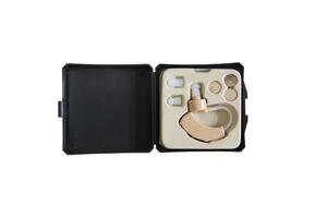 Composition with hearing aid and accessories on White isolated background photo