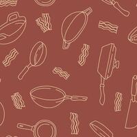 Outline Cooking Pan Bacon Seamless Pattern illustration for Print, Wallpaper, Decoration. vector