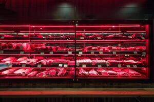 Refrigerated display case full of fresh meat products illuminated with red light photo