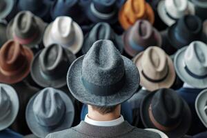 Man standing out from crowd wearing different hat photo