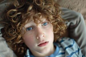 Young boy with curly red hair and blue eyes is relaxing photo