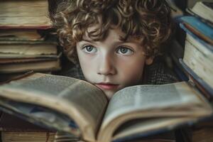 Curious child reading surrounded by stack of old books photo
