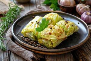 Cabbage rolls stuffed with minced meat and rice on a plate photo