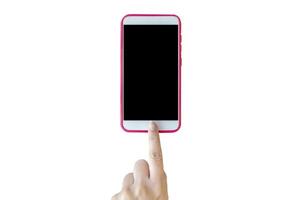 The finger is touching the smartphone, the blank screen is white photo