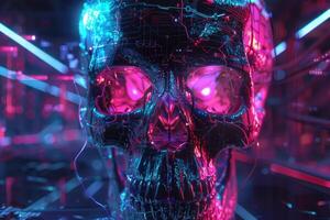Cybernetic skull with futuristic neon circuitry photo