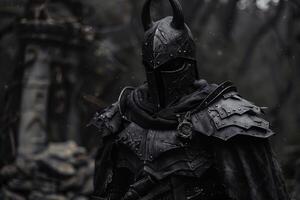 Mysterious medieval knight in armor amidst misty forest photo