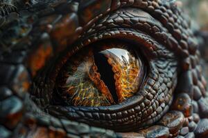 Macro photography of a detailed reptile eye showing vibrant textures and patterns photo