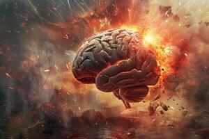 Digital art of a human brain exploding with fiery embers against a chaotic backdrop photo